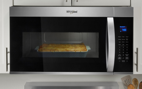 A Whirlpool® Microwave with a casserole inside