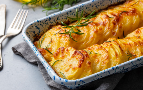 A close-up of au gratin potatoes