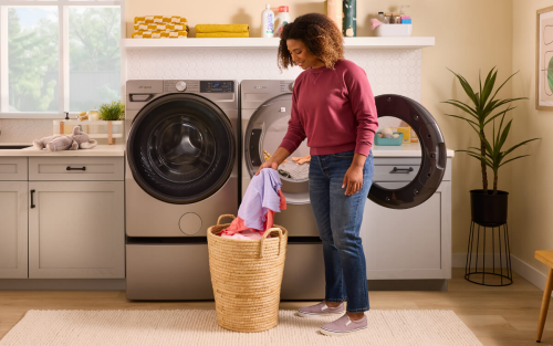 Person loading laundry into a front load washer and dryer set