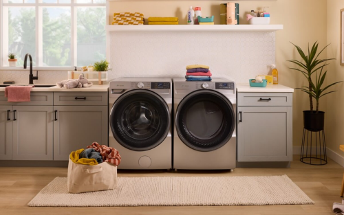 A Whirlpool® Washer and Dryer set in a modern laundry room