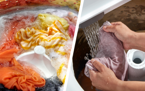 Split image with one side showing clothes in a washer and the other showing someone rinsing items