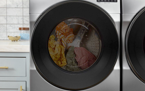 Laundry inside a front load washing machine