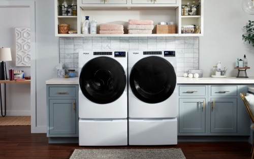  White Whirlpool® front loading washer and dryer