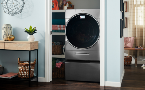 Closeup of a Whirlpool® dryer in a laundry room