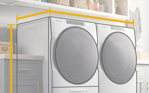 Rendering of a front load washer and dryer with dimension outlines around them