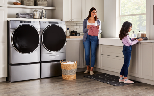 Stainless steel Whirlpool® front loading washer and dryer