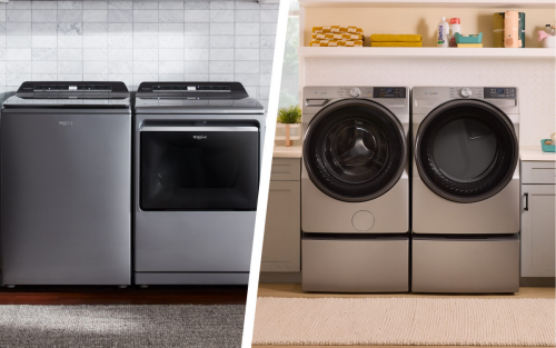 Split image of Whirlpool® Top Load Washer and Dryer Pair next to a Whirlpool® Front Load Washer and Dryer pair