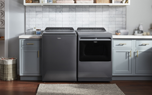 Washer and dryer set in a laundry room