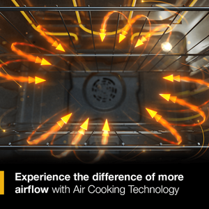 Whirlpool® oven interior with arrows showing dynamic Air Cooking Technology airflow from above 