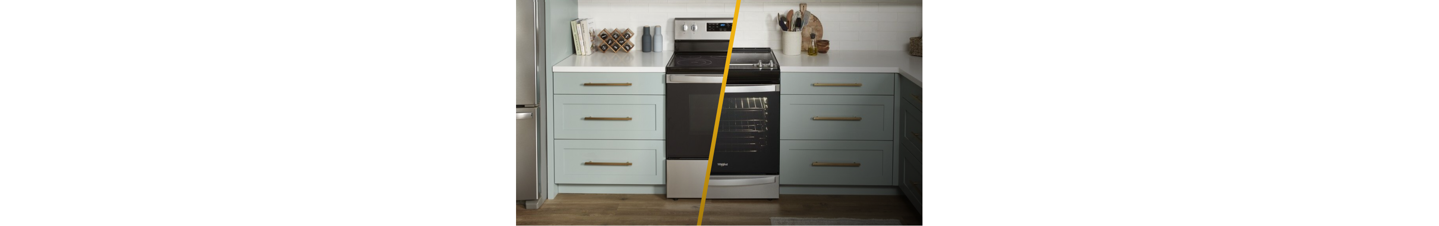 A graphic showing the differences between slide-in and freestanding ranges with the home heartbeat blog logo