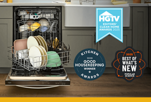A Whirlpool Spin&Load dishwasher rack and three award badges from HGTV, Good Housekeeping and Popular Science