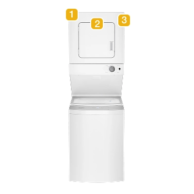 A washer dryer combo with numbers indicating model number placement