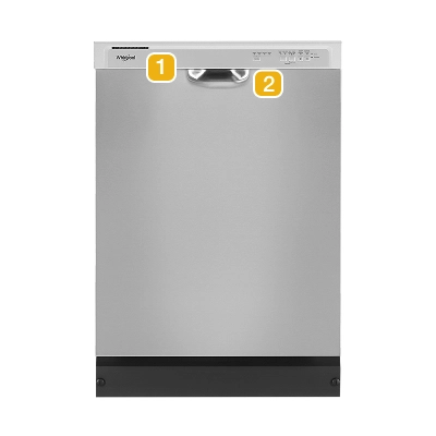 A dishwasher with numbers indicating model number placement
