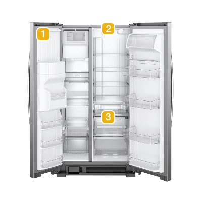 A refrigerator with numbers indicating model number placement