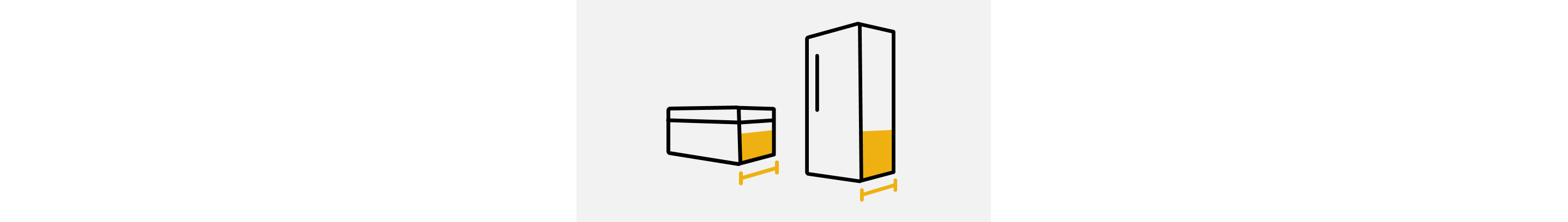 A line drawing of a chest freezer and upright freezer with double-sided arrows showing the depth