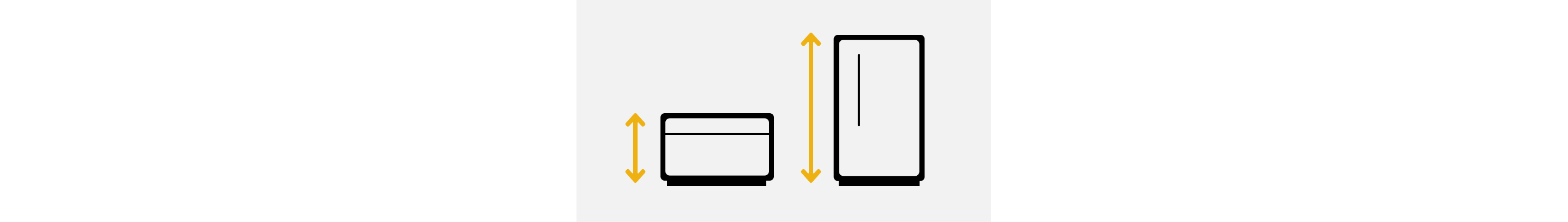 A line drawing of a chest freezer and upright freezer with double-sided arrows showing the height