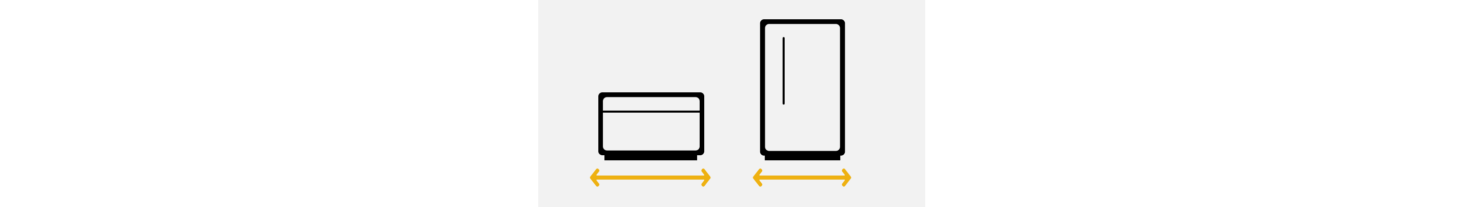 A line drawing of a chest freezer and upright freezer with double-sided arrows showing the width