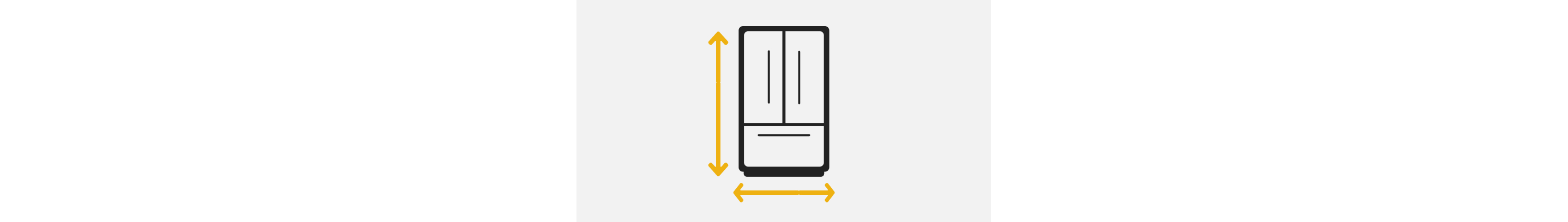 A line drawing of a French door refrigerator with double-sided arrows showing the height and width