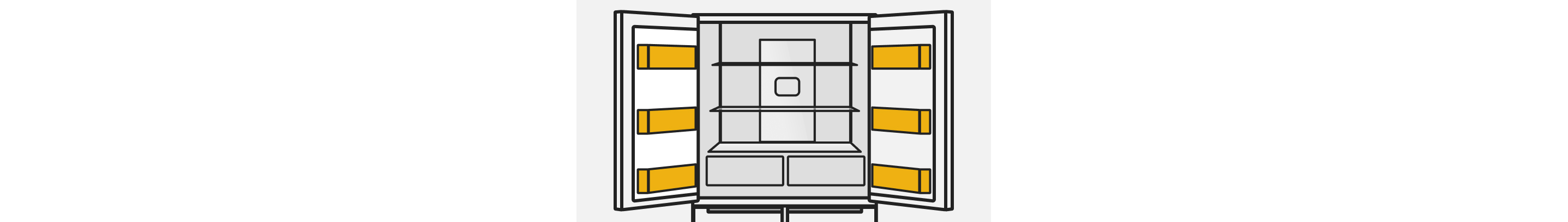 A line drawing of an open French door refrigerator with the door bins highlighted
