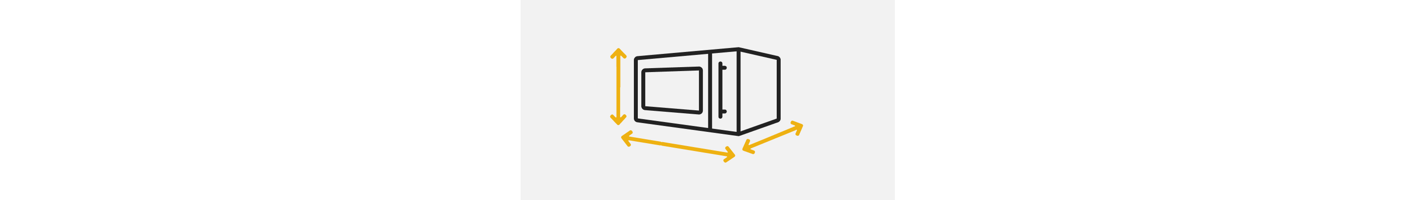 A line drawing of a microwave with arrows indicating height, width and depth
