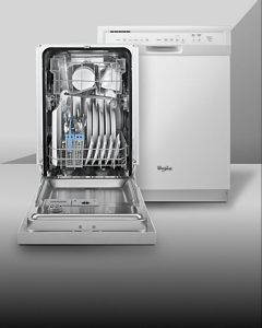 Two Whirlpool dishwashers sit next to each other—one open, one closed.
