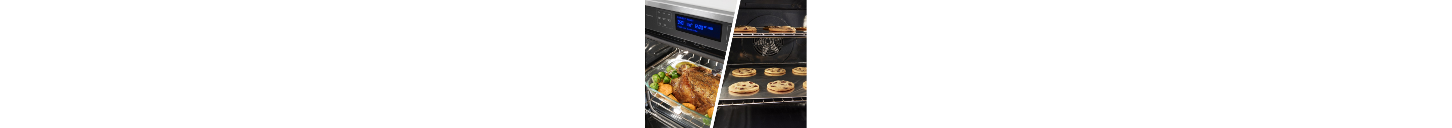 A shot of a chicken in an oven next to an image of cookies baking in an oven