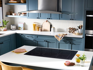 A kitchen with blue cabinets and Whirlpool® appliances