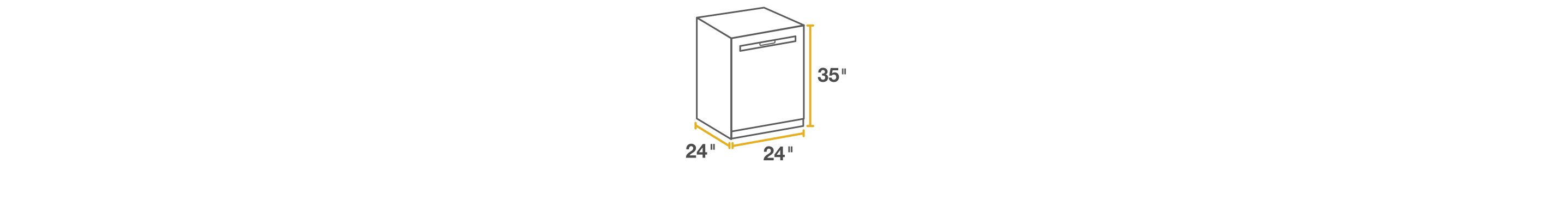 Line drawing of standard built-in dishwasher surrounded by height, width and depth measurements. 