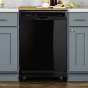 A black portable dishwasher in a kitchen with grey cabinets and white countertops