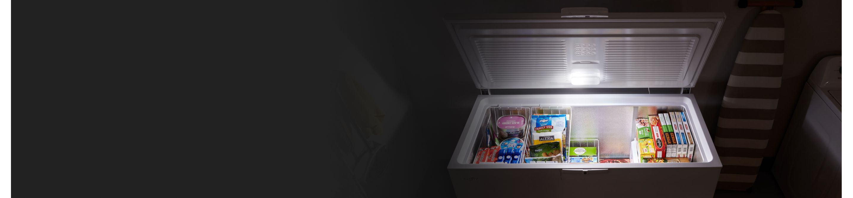Various frozen items in a chest freezer