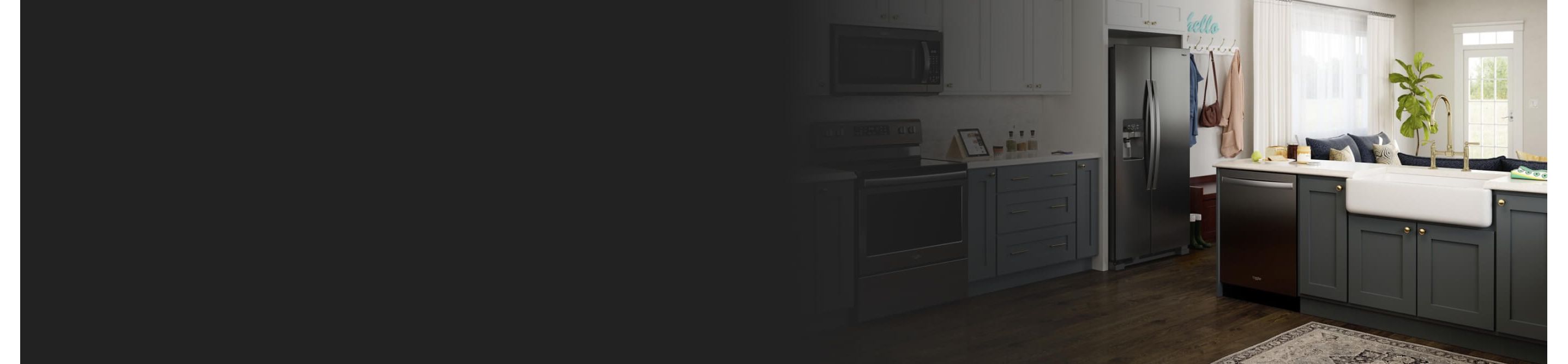 A kitchen with blue cabinets and stainless steel appliances