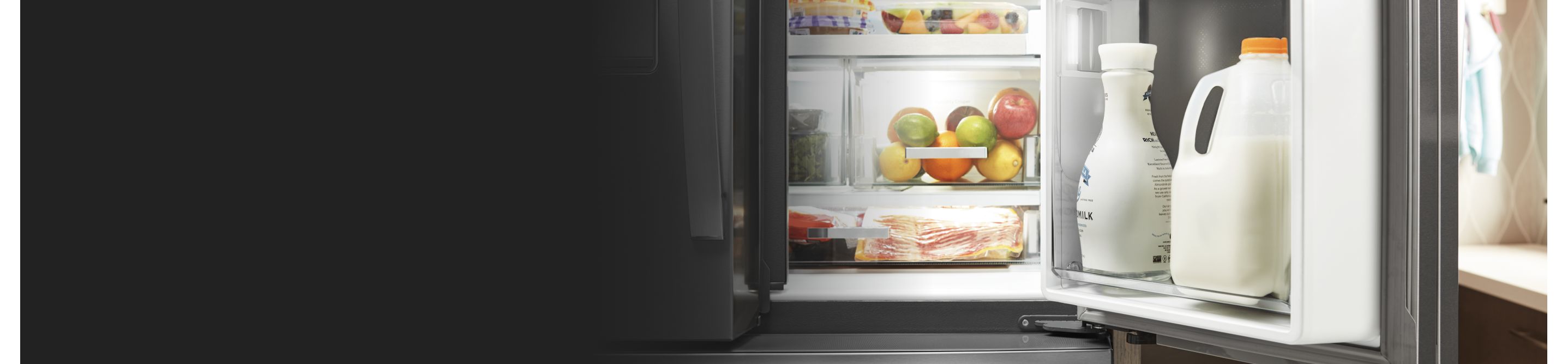 French door refrigerator open on one side