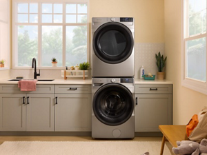 A laundry area with a stackable Whirlpool® Washer and Dryer