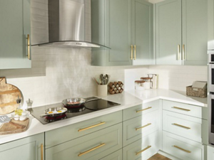 A canopy range hood over a cooktop