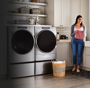 Stainless steel Whirlpool® front loading washer and dryer