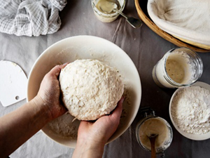Someone’s hands in a bowl, holding a lump of bread dough, with a bowl of flour and some sourdough starter nearby