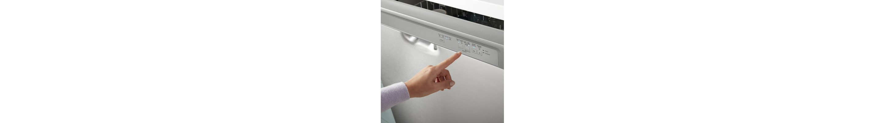 A hand selecting an option on a Whirlpool® Front Control Dishwasher