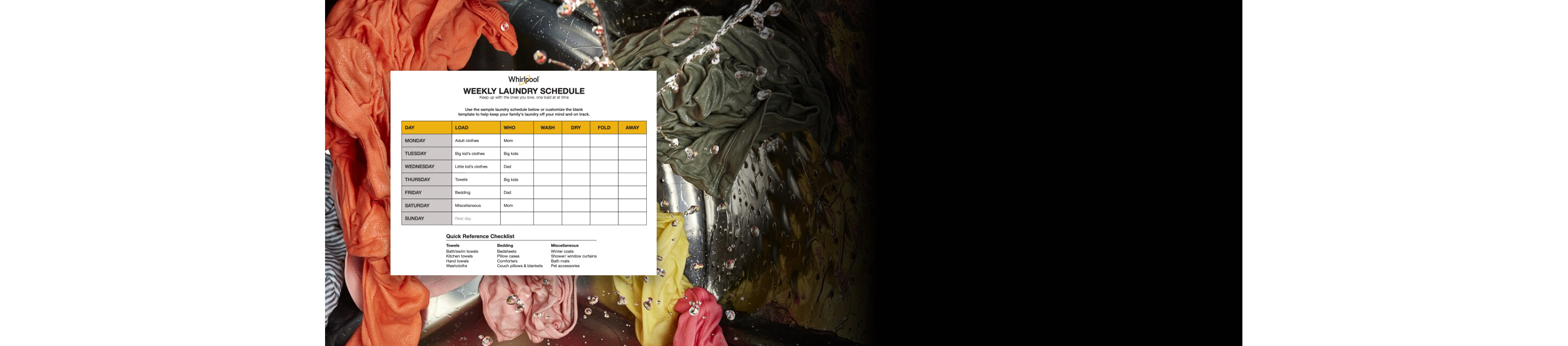 A printed laundry schedule superimposed over an image of laundry in a running washing machine