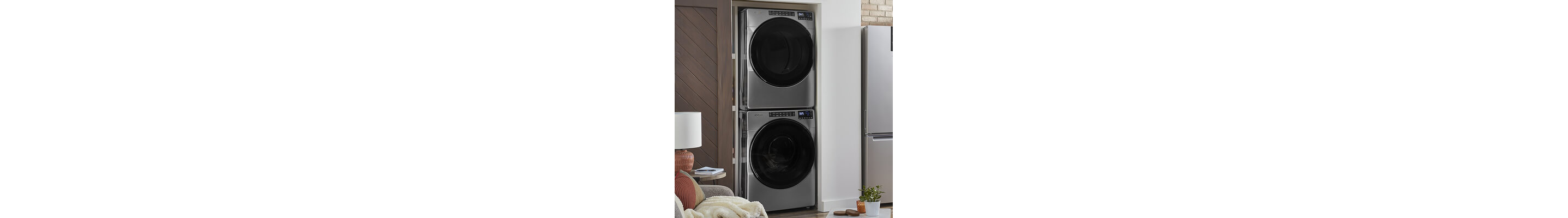 A stainless steel, stackable washer and dryer set by Whirlpool brand