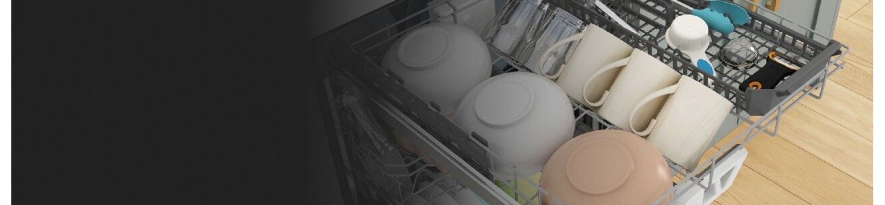 Bowls, mugs and utensils loaded in the 3rd rack of a dishwasher